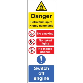 Petroleum Spirit - Highly Flammable - No Smoking, Naked Lights, Mobiles - Switch off Engine - TESTTTTT!!!!! 